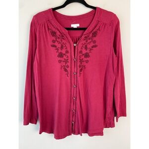 J Jill Womens Embroidered Peasant Blouse M Red Floral Boho Long Sleeve Lagenlook